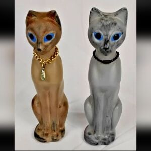 Vintage Ceramic Cat Figurines Pair Blue Eyes Hand Painted Kitsch Decor